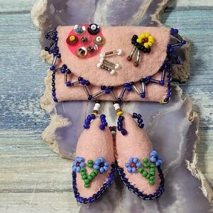 Handcrafted Pink Beaded Pouch and little shoes Brooch.